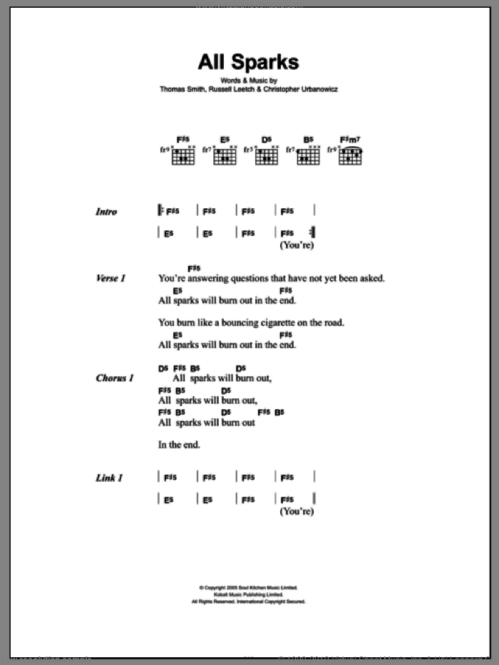 All Sparks sheet music for guitar (chords) by Editors, Chris Urbanowicz, Ed Lay, Russell Leetch and Tom Smith, intermediate skill level