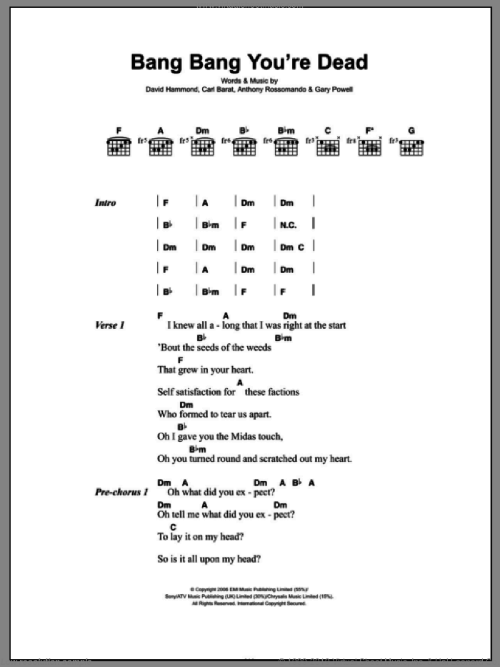Bang Bang You're Dead sheet music for guitar (chords) by Dirty Pretty Things, Anthony Rossomando, Carl Barat, David Hammond and Gary Powell, intermediate skill level