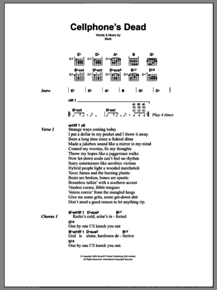 Cellphone's Dead sheet music for guitar (chords) by Beck Hansen, intermediate skill level