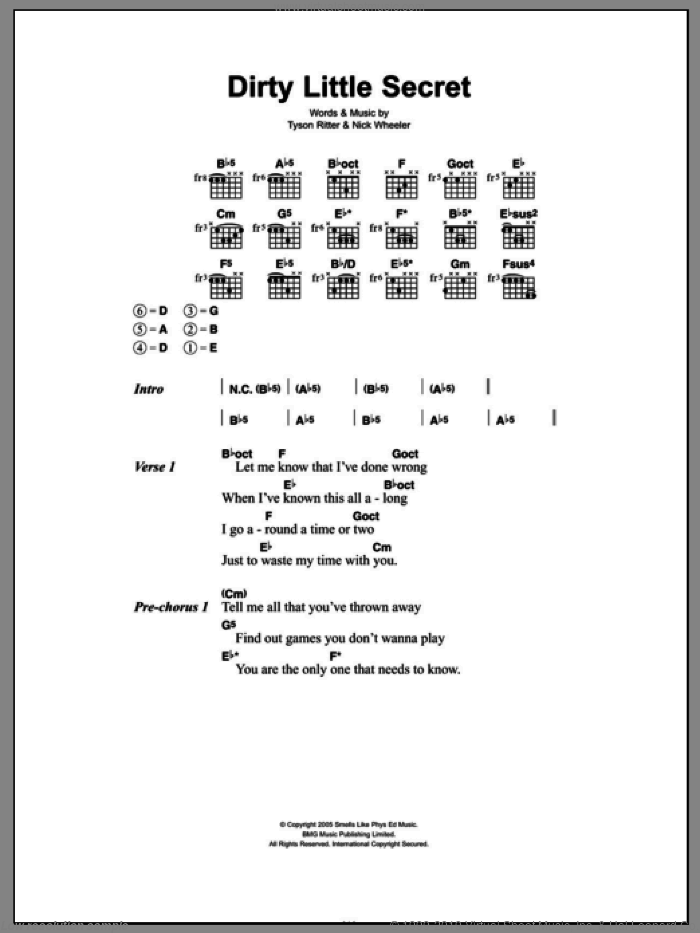 Dirty Little Secret sheet music for guitar (chords) by The All-American Rejects, Nick Wheeler and Tyson Ritter, intermediate skill level