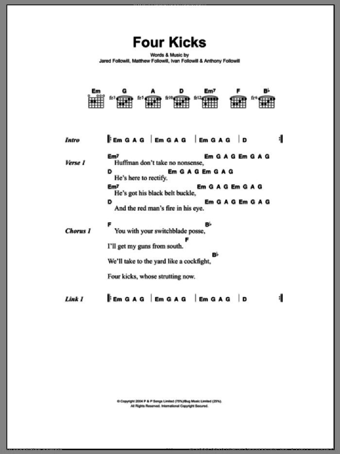 Four Kicks sheet music for guitar (chords) by Kings Of Leon, Anthony Followill, Ivan Followill, Jared Followill and Matthew Followill, intermediate skill level