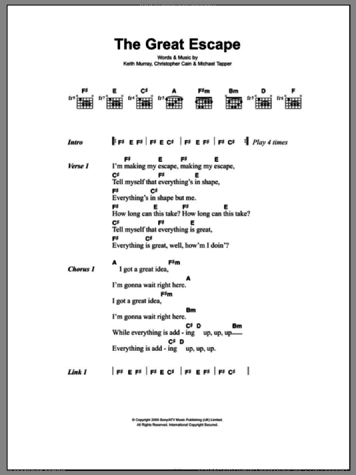 The Great Escape sheet music for guitar (chords) by We Are Scientists, Christopher Cain, Keith Murray and Michael Tapper, intermediate skill level