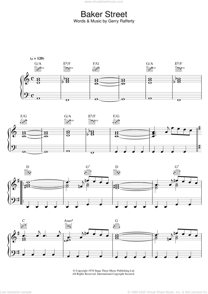 Baker Street sheet music for voice, piano or guitar by Gerry Rafferty, intermediate skill level