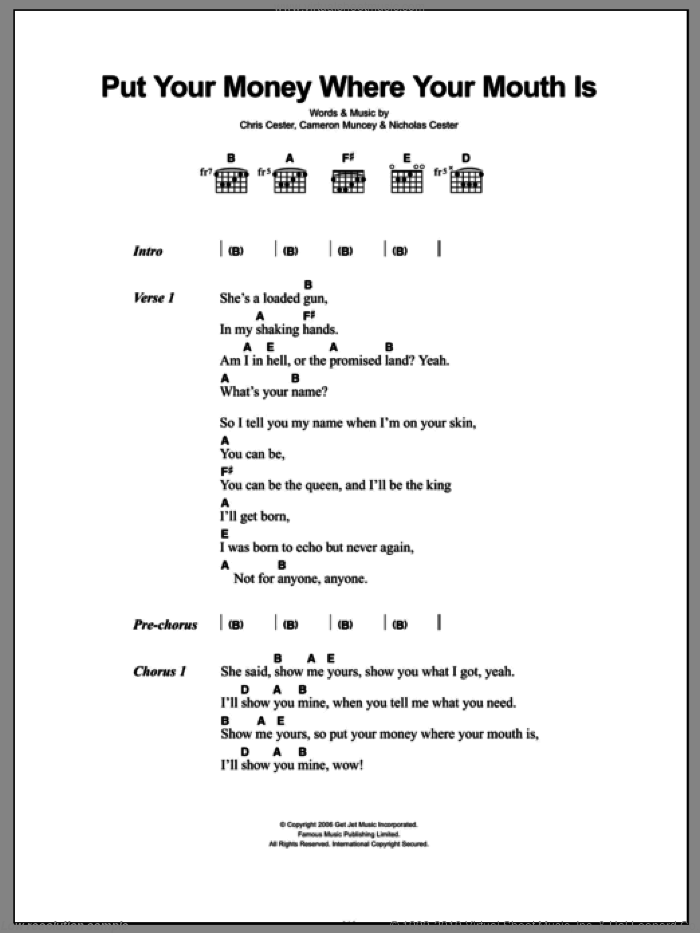 Put Your Money Where Your Mouth Is sheet music for guitar (chords) by Nic Cester, Cameron Muncey and Chris Cester, intermediate skill level
