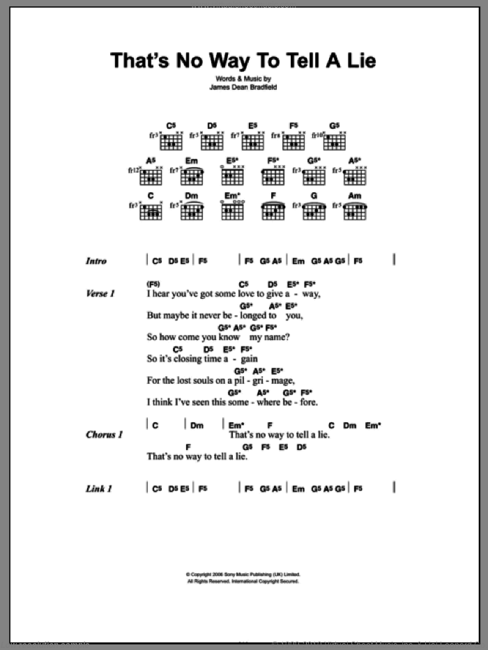 That's No Way To Tell A Lie sheet music for guitar (chords) by James Dean Bradfield, intermediate skill level