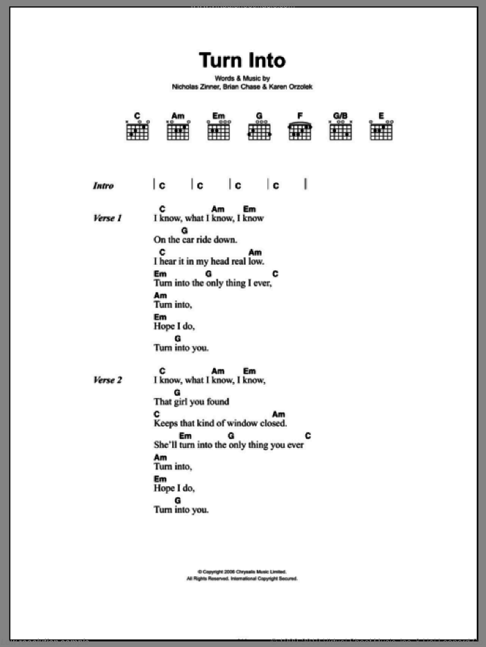 Turn Into sheet music for guitar (chords) by Yeah Yeah Yeahs, Brian Chase, Karen Orzolek and Nick Zinner, intermediate skill level
