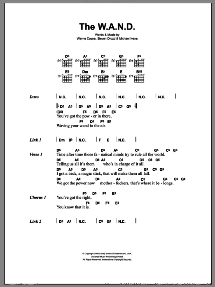 The W.A.N.D. sheet music for guitar (chords) by The Flaming Lips, Michael Ivans, Steven Drozd and Wayne Coyne, intermediate skill level