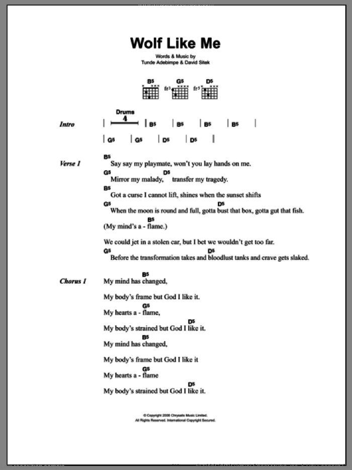 Wolf Like Me sheet music for guitar (chords) by TV On The Radio, David Sitek and Tunde Adebimpe, intermediate skill level