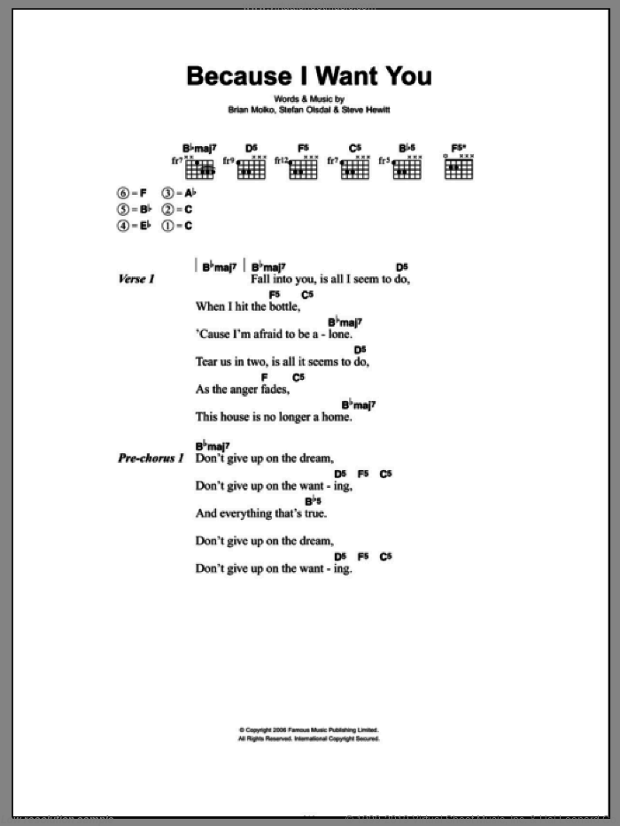 Because I Want You sheet music for guitar (chords) by Placebo, Brian Molko, Stefan Olsdal and Steve Hewitt, intermediate skill level