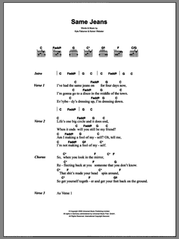 Same Jeans sheet music for guitar (chords) by The View, Keiren Webster and Kyle Falconer, intermediate skill level
