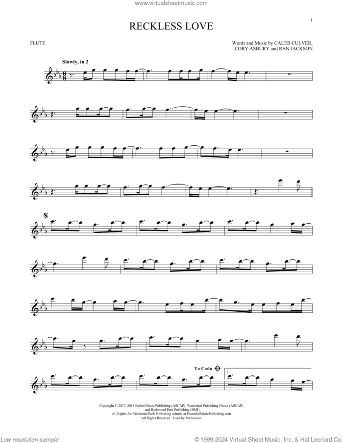 Reckless Love sheet music for flute solo by Cory Asbury, Caleb Culver and Ran Jackson, intermediate skill level