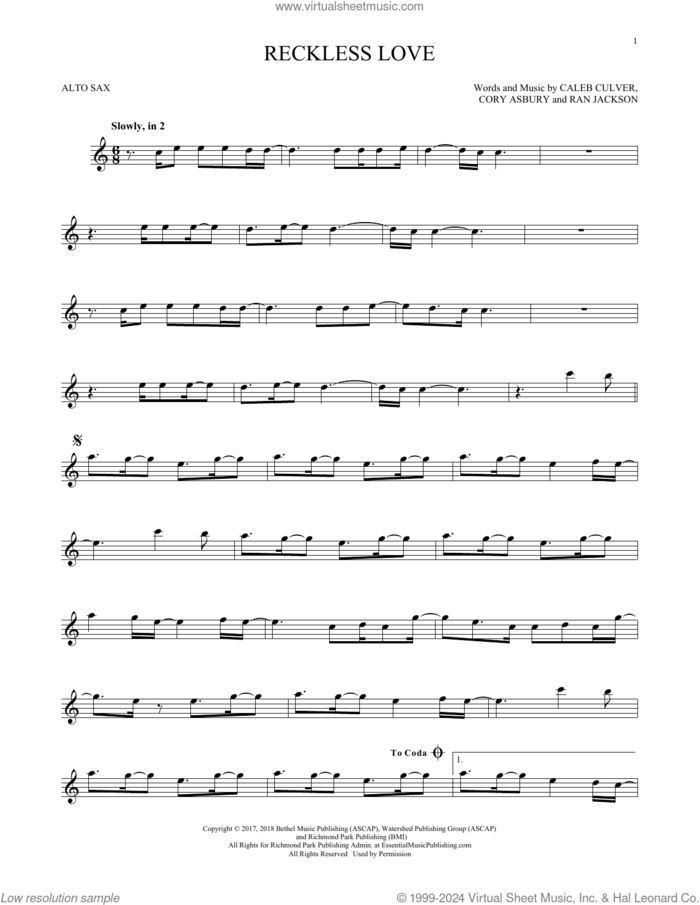 Reckless Love sheet music for alto saxophone solo by Cory Asbury, Caleb Culver and Ran Jackson, intermediate skill level