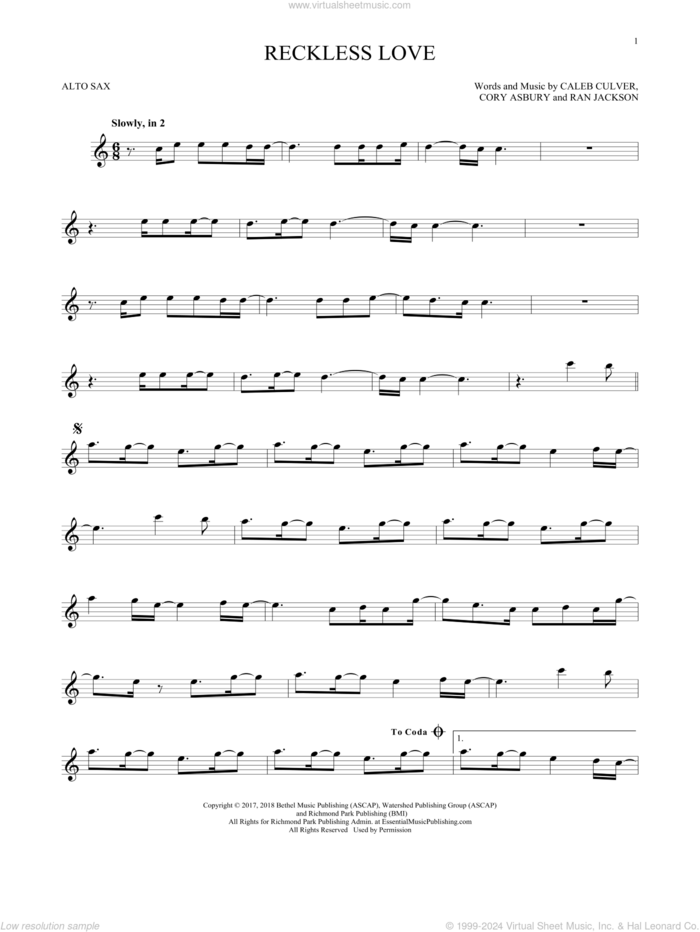 Reckless Love sheet music for alto saxophone solo by Cory Asbury, Caleb Culver and Ran Jackson, intermediate skill level