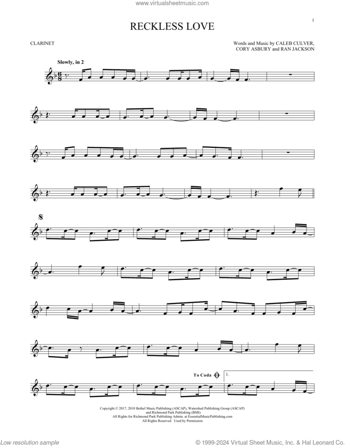 Reckless Love sheet music for clarinet solo by Cory Asbury, Caleb Culver and Ran Jackson, intermediate skill level