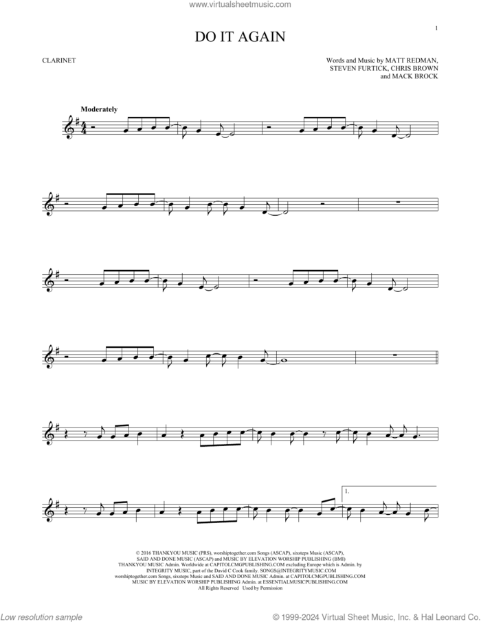 Do It Again sheet music for clarinet solo by Elevation Worship, Chris Brown, Mack Brock, Matt Redman and Steven Furtick, intermediate skill level