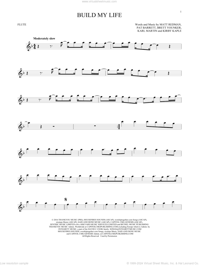 Build My Life sheet music for flute solo by Pat Barrett, Brett Younker, Karl Martin, Kirby Kaple and Matt Redman, intermediate skill level