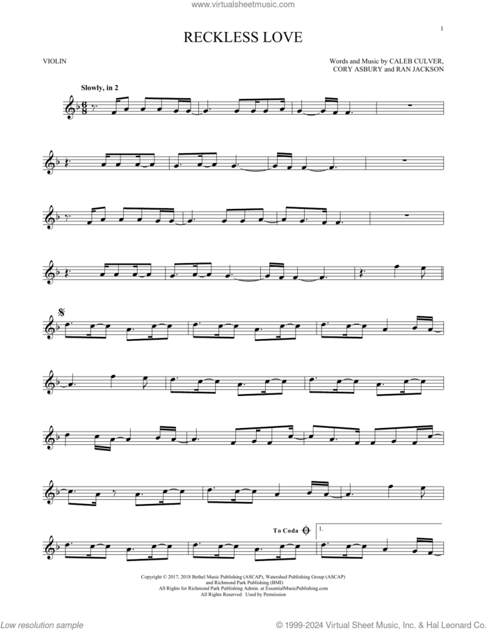 Reckless Love sheet music for violin solo by Cory Asbury, Caleb Culver and Ran Jackson, intermediate skill level