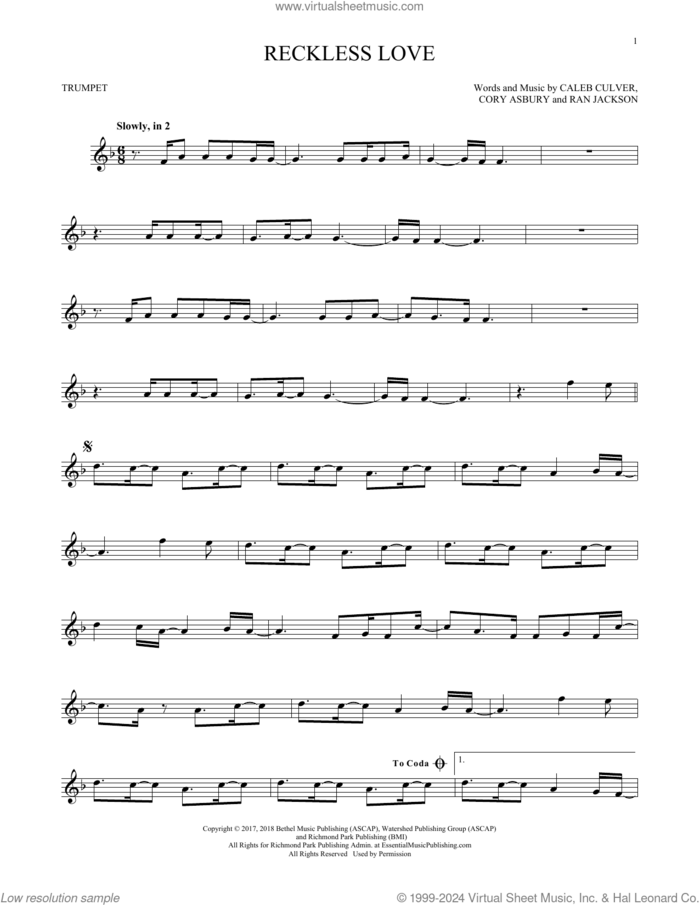 Reckless Love sheet music for trumpet solo by Cory Asbury, Caleb Culver and Ran Jackson, intermediate skill level