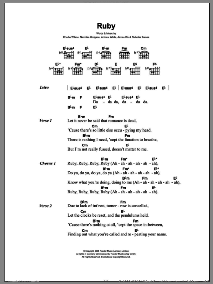 Ruby sheet music for guitar (chords) by Kaiser Chiefs, Andrew White, James Rix, Nicholas Baines, Nicholas Hodgson and Richard Wilson, intermediate skill level