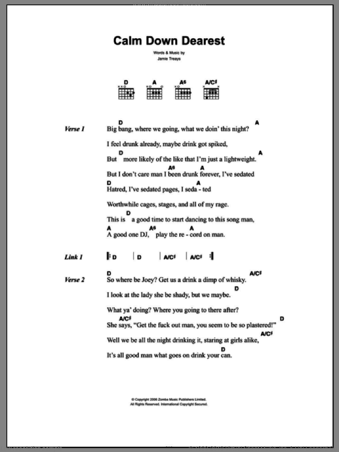 Calm Down Dearest sheet music for guitar (chords) by Jamie T and Jamie Treays, intermediate skill level