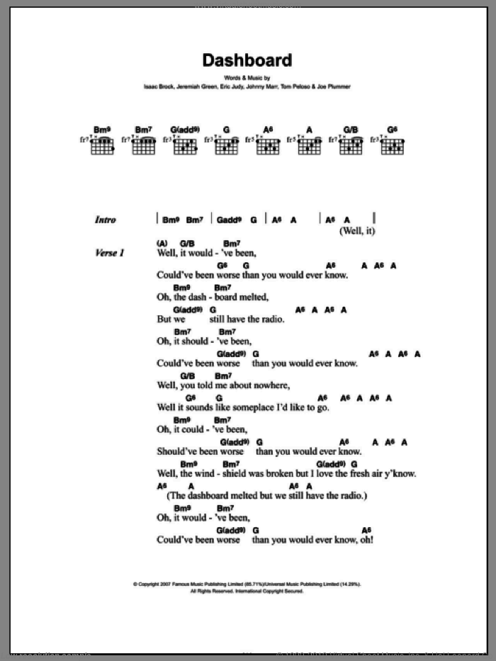Dashboard sheet music for guitar (chords) by Modest Mouse, Eric Judy, Isaac Brock, Jeremiah Green, Joe Plummer, Johnny Marr and Tom Peloso, intermediate skill level
