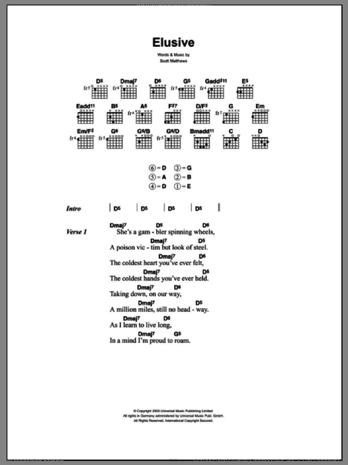 Elusive sheet music for guitar (chords) by Scott Matthews, intermediate skill level