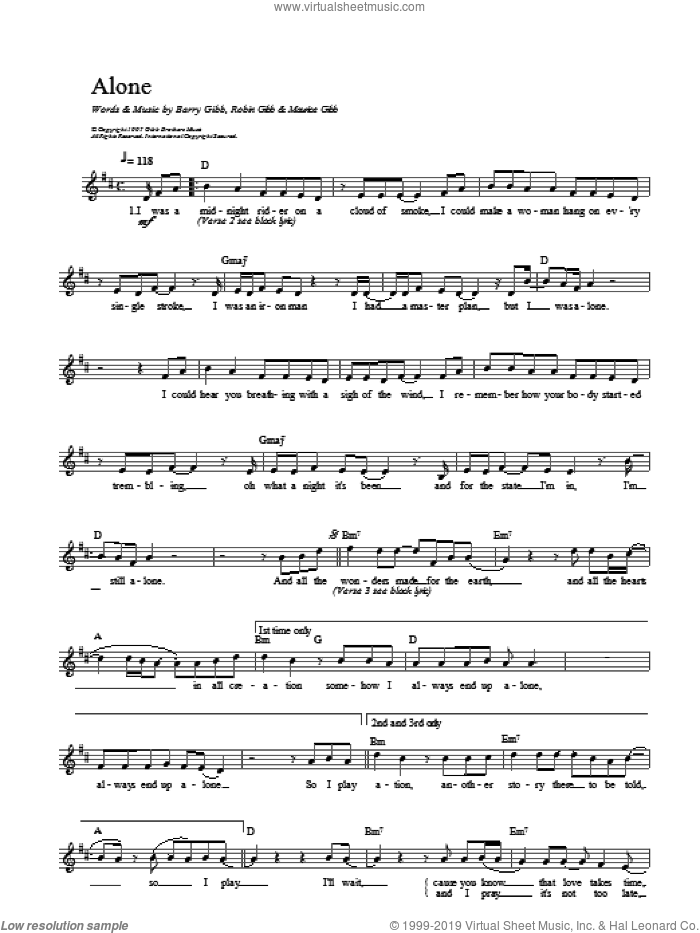 Alone sheet music for voice and other instruments (fake book) by Bee Gees, intermediate skill level