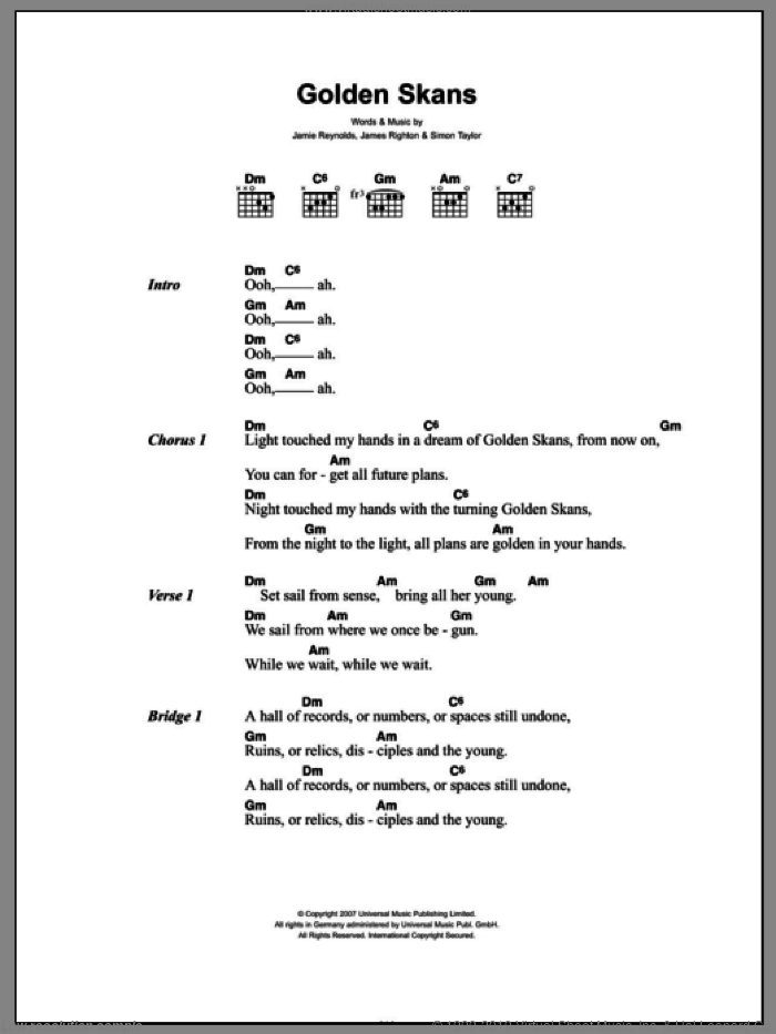 Golden Skans sheet music for guitar (chords) by Klaxons, James Righton, Jamie Reynolds and Simon Taylor, intermediate skill level