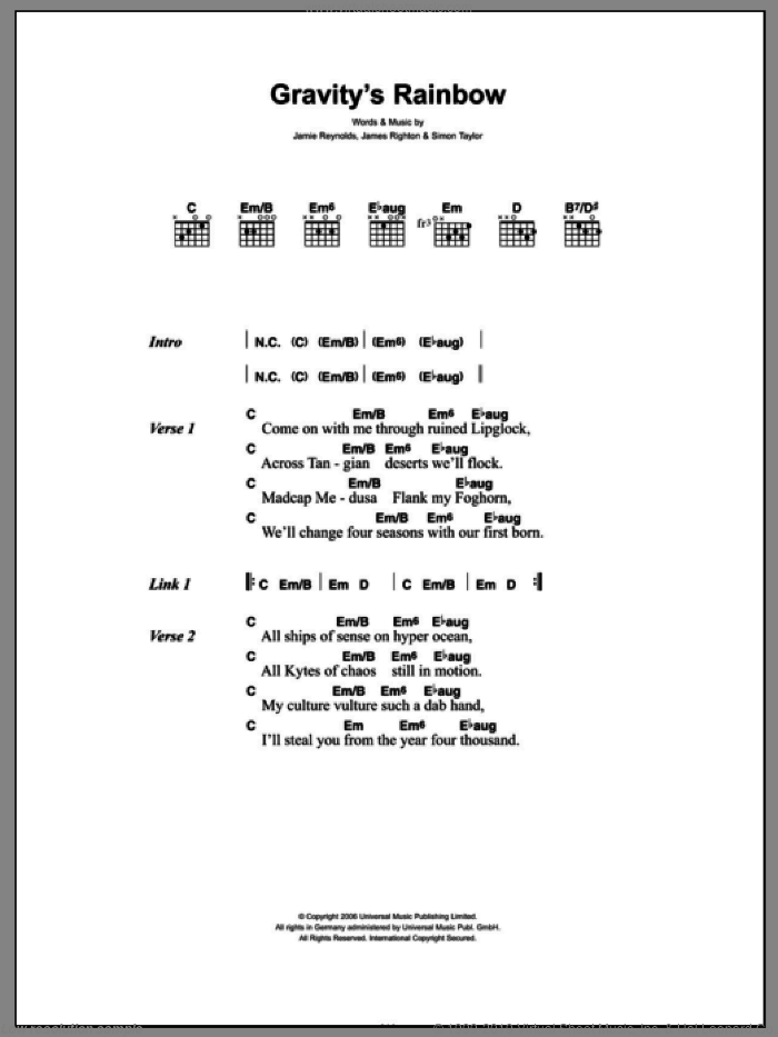 Gravity's Rainbow sheet music for guitar (chords) by Klaxons, James Righton, Jamie Reynolds and Simon Taylor, intermediate skill level