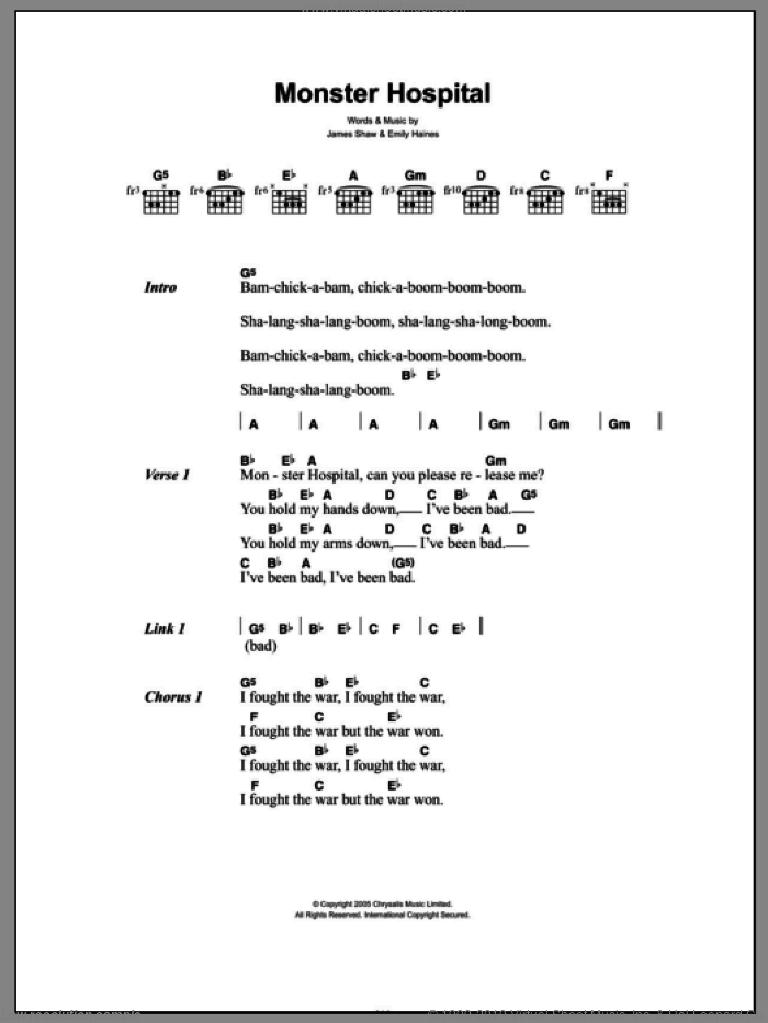 Monster Hospital sheet music for guitar (chords) by Metric, Emily Haines and James Shaw, intermediate skill level