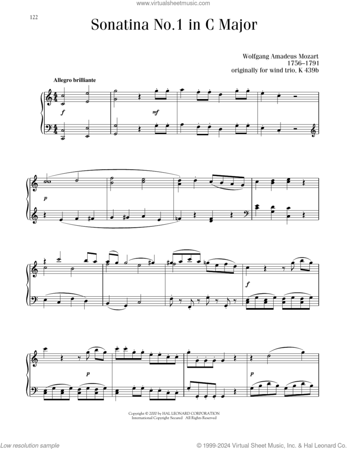 Sonatina No. 1 In C Major sheet music for piano solo by Wolfgang Amadeus Mozart, classical score, intermediate skill level