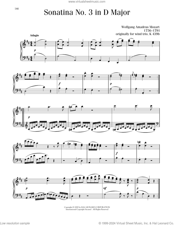 Sonatina No. 3 In D Major sheet music for piano solo by Wolfgang Amadeus Mozart, classical score, intermediate skill level