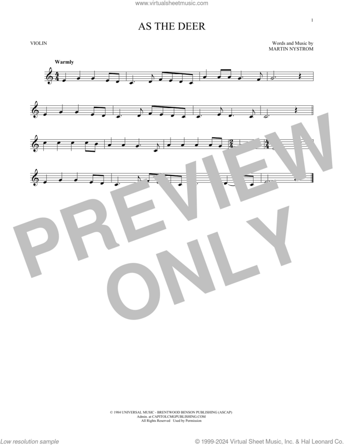 As The Deer sheet music for violin solo by Martin Nystrom, intermediate skill level
