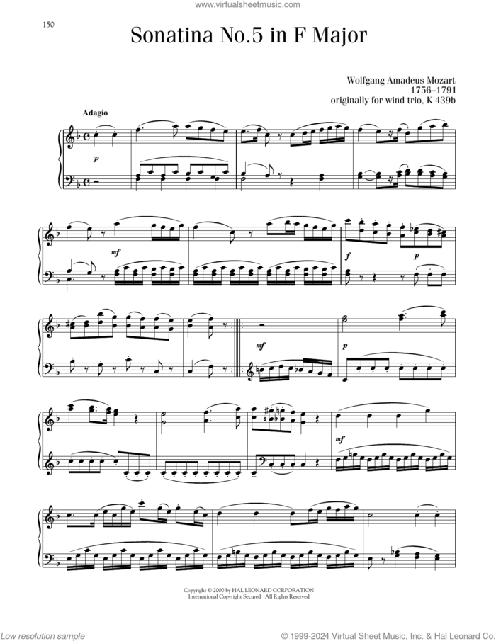 Sonatina No. 5 In F Major sheet music for piano solo by Wolfgang Amadeus Mozart, classical score, intermediate skill level