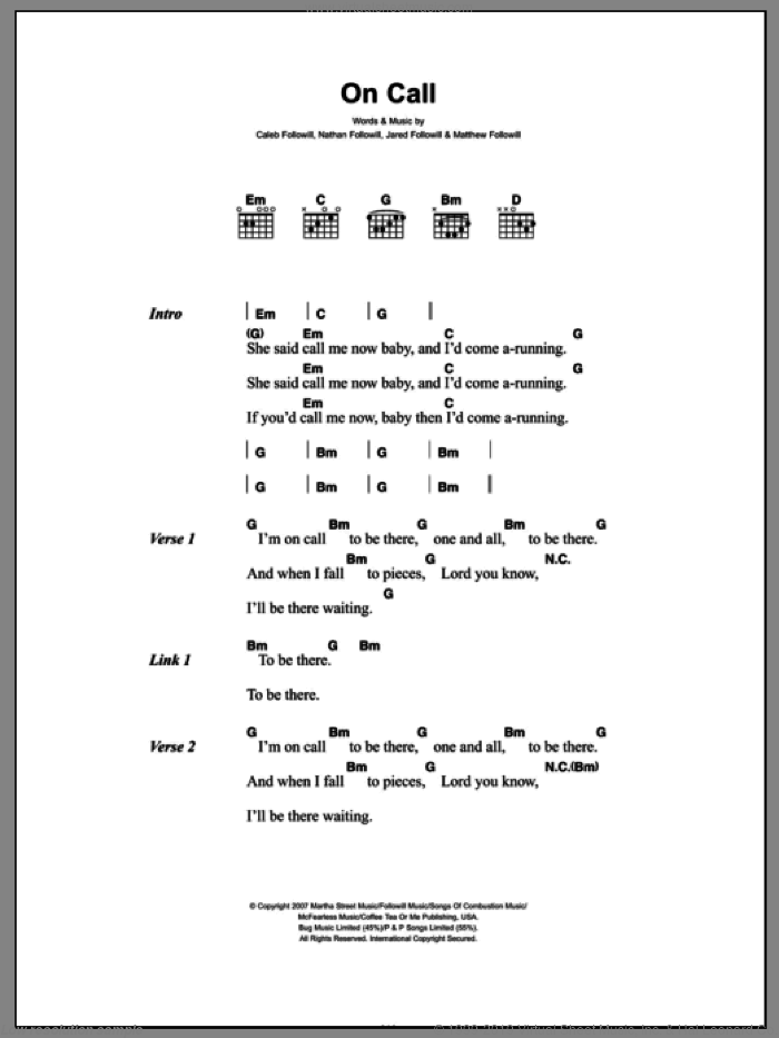 On Call sheet music for guitar (chords) by Kings Of Leon, Caleb Followill, Jared Followill, Matthew Followill and Nathan Followill, intermediate skill level