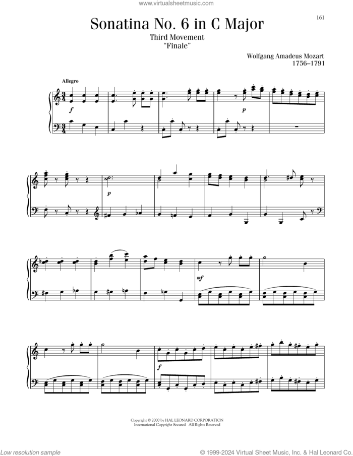 Sonatina No. 6 In C Major, Third Movement ('Finale') sheet music for piano solo by Wolfgang Amadeus Mozart, classical score, intermediate skill level