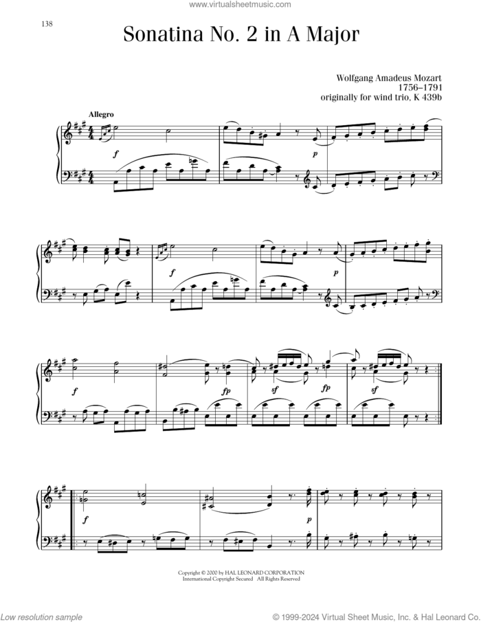 Sonatina No. 2 In A Major sheet music for piano solo by Wolfgang Amadeus Mozart, classical score, intermediate skill level