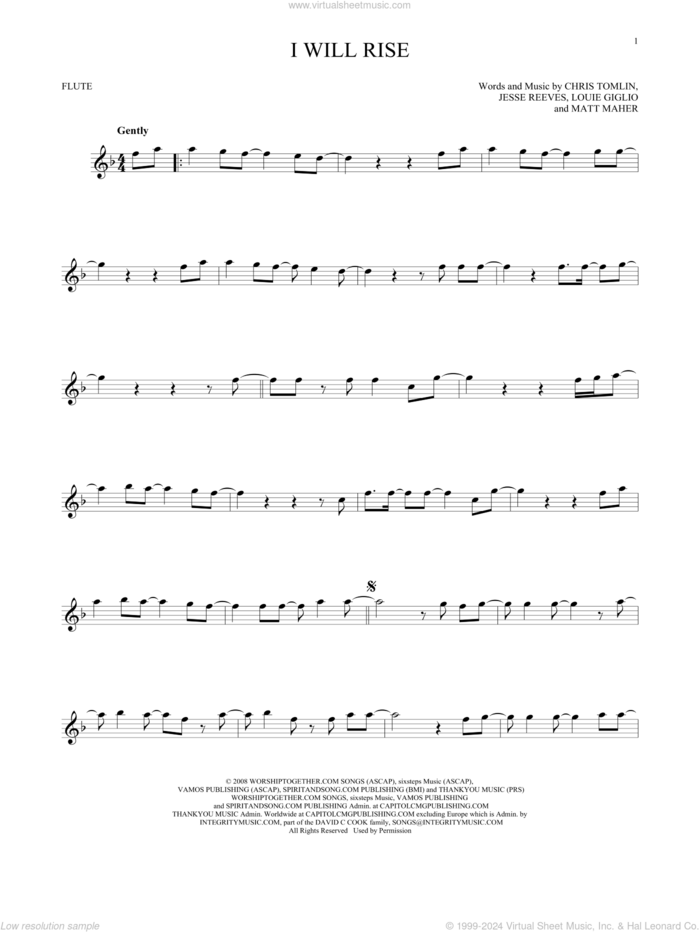 I Will Rise sheet music for flute solo by Chris Tomlin, Jesse Reeves, Louis Giglio and Matt Maher, intermediate skill level