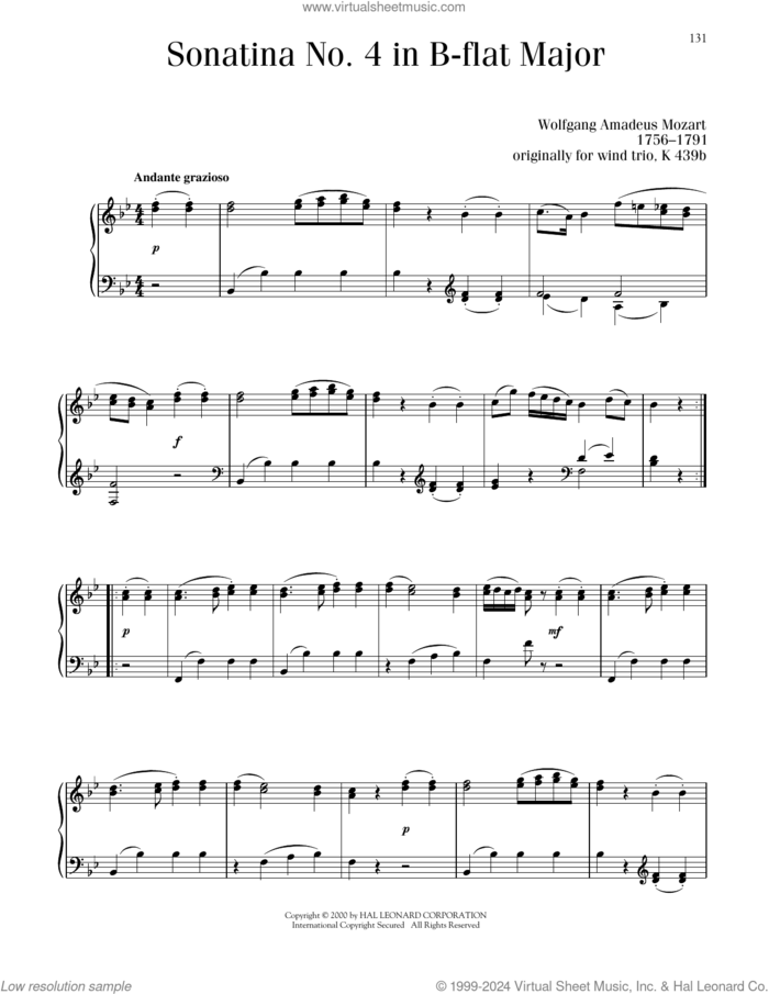 Sonatina No. 4 In B-Flat Major sheet music for piano solo by Wolfgang Amadeus Mozart, classical score, intermediate skill level