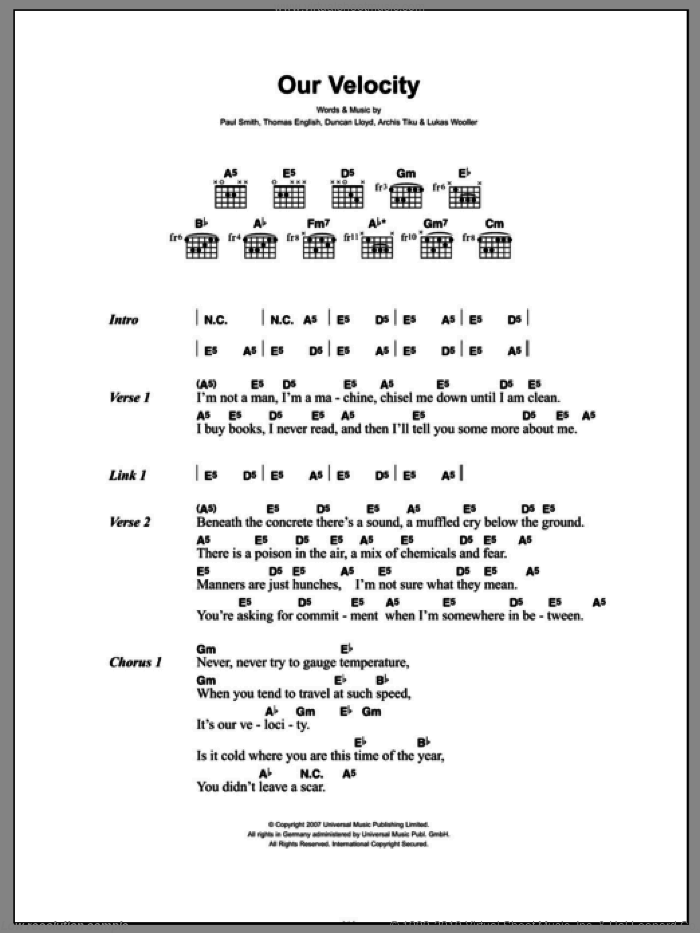 Our Velocity sheet music for guitar (chords) by Maximo Park, Archis Tiku, Duncan Lloyd, Lukas Wooller, Paul Smith and Thomas English, intermediate skill level