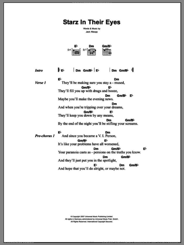 Starz In Their Eyes sheet music for guitar (chords) by Just Jack and Jack Allsopp, intermediate skill level