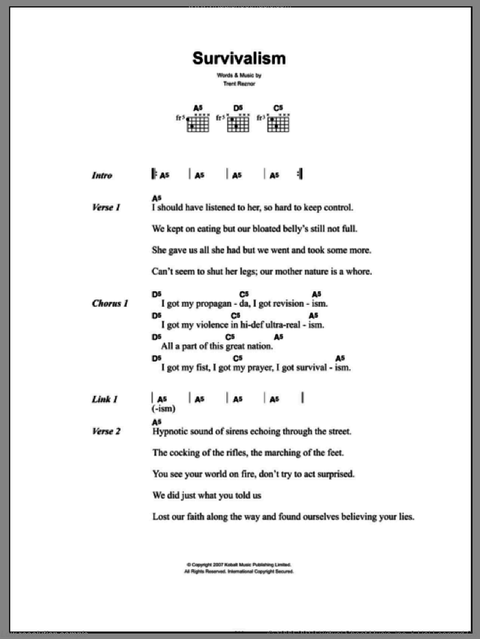 Survivalism sheet music for guitar (chords) by Nine Inch Nails and Trent Reznor, intermediate skill level