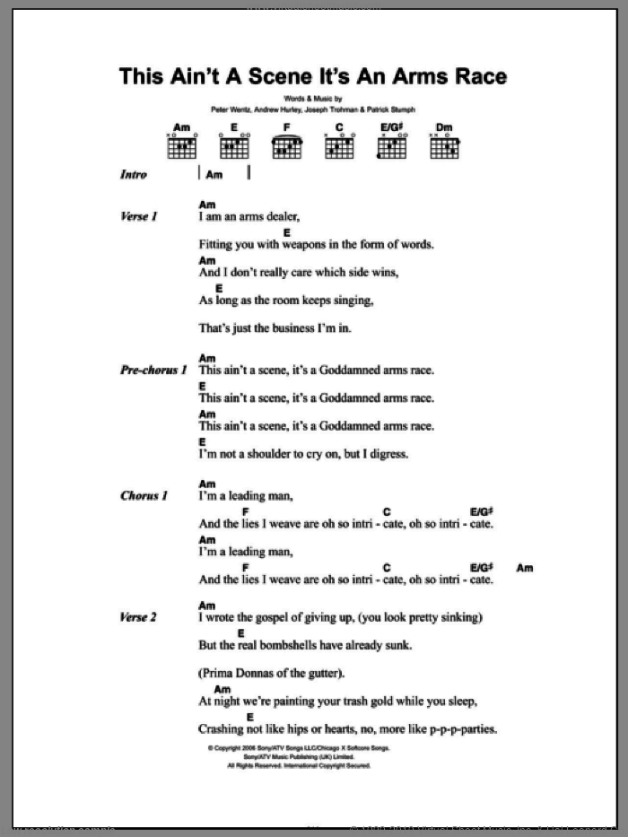 This Ain't A Scene, It's An Arms Race sheet music for guitar (chords) by Fall Out Boy, Andrew Hurley, Joseph Trohman, Patrick Stumph and Peter Wentz, intermediate skill level