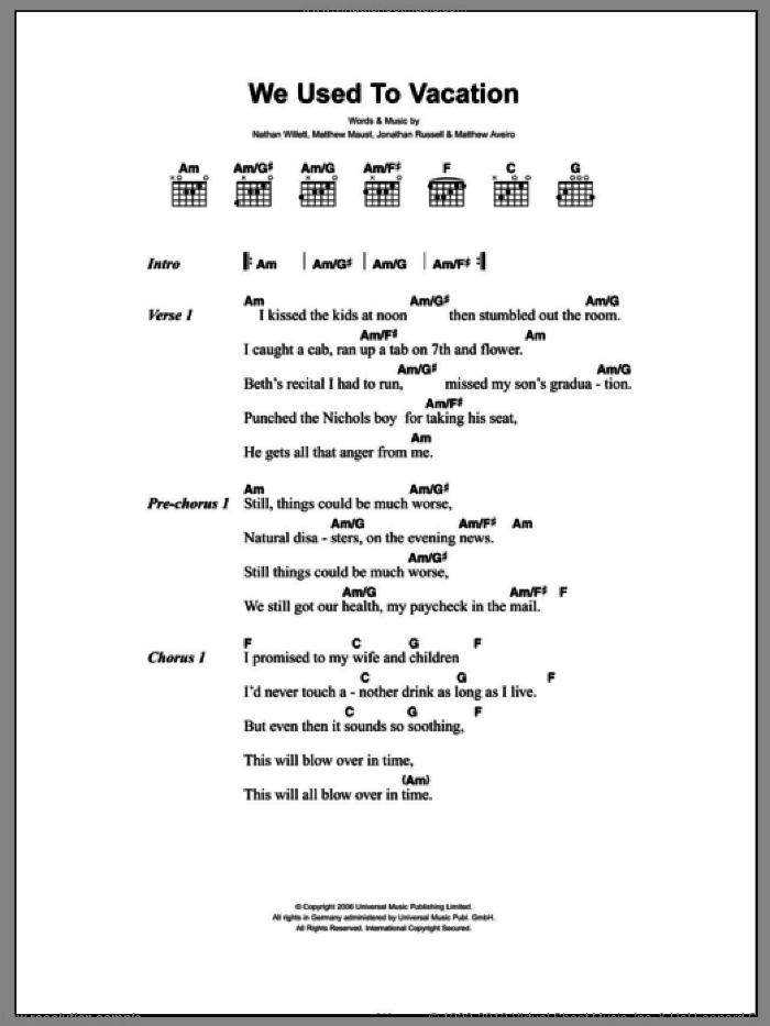 We Used To Vacation sheet music for guitar (chords) by Cold War Kids, Jonathan Russell, Matthew Aveiro, Matthew Maust and Nathan Willett, intermediate skill level