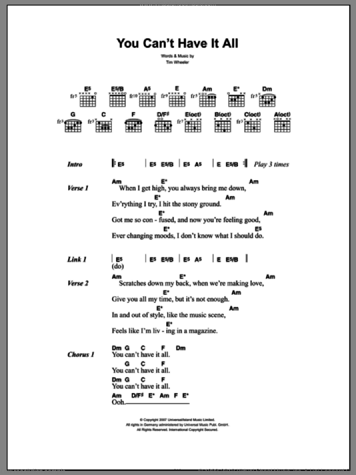 You Can't Have It All sheet music for guitar (chords) by Tim Wheeler, intermediate skill level