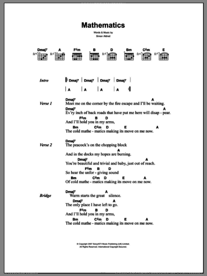 Mathematics sheet music for guitar (chords) by Cherry Ghost and Simon Aldred, intermediate skill level