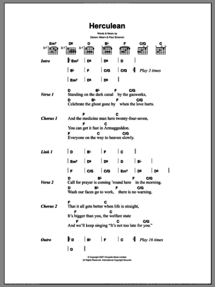 Herculean sheet music for guitar (chords) by The Good The Bad & The Queen, Damon Albarn and Paul Simonon, intermediate skill level