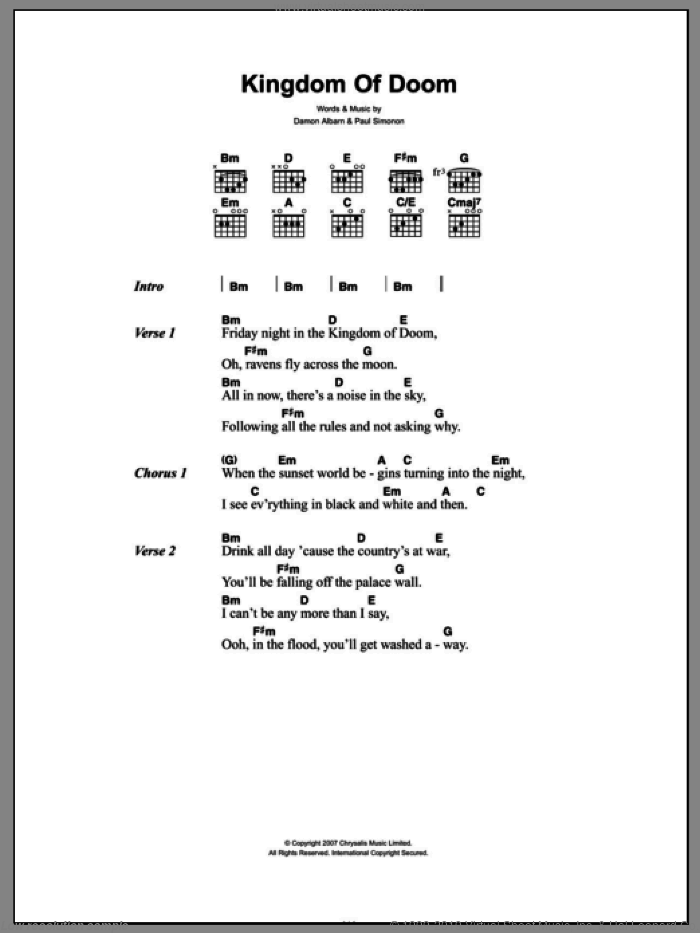 Kingdom Of Doom sheet music for guitar (chords) by The Good The Bad & The Queen, Damon Albarn and Paul Simonon, intermediate skill level