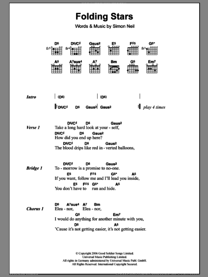 Folding Stars sheet music for guitar (chords) by Biffy Clyro and Simon Neil, intermediate skill level