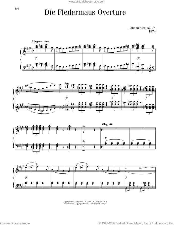 Die Fledermaus Overture sheet music for piano solo by Johann Strauss, classical score, intermediate skill level